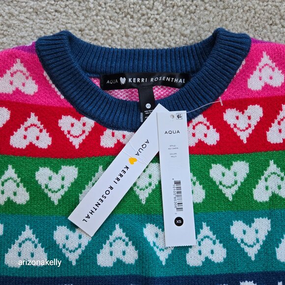 NWT Aqua x Kerri Rosenthal Happy Hearts Sweater XS - Picture 2 of 11